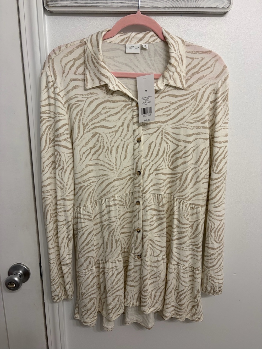 Belk's Cream Tunic with Tan Zebra Stripe Print